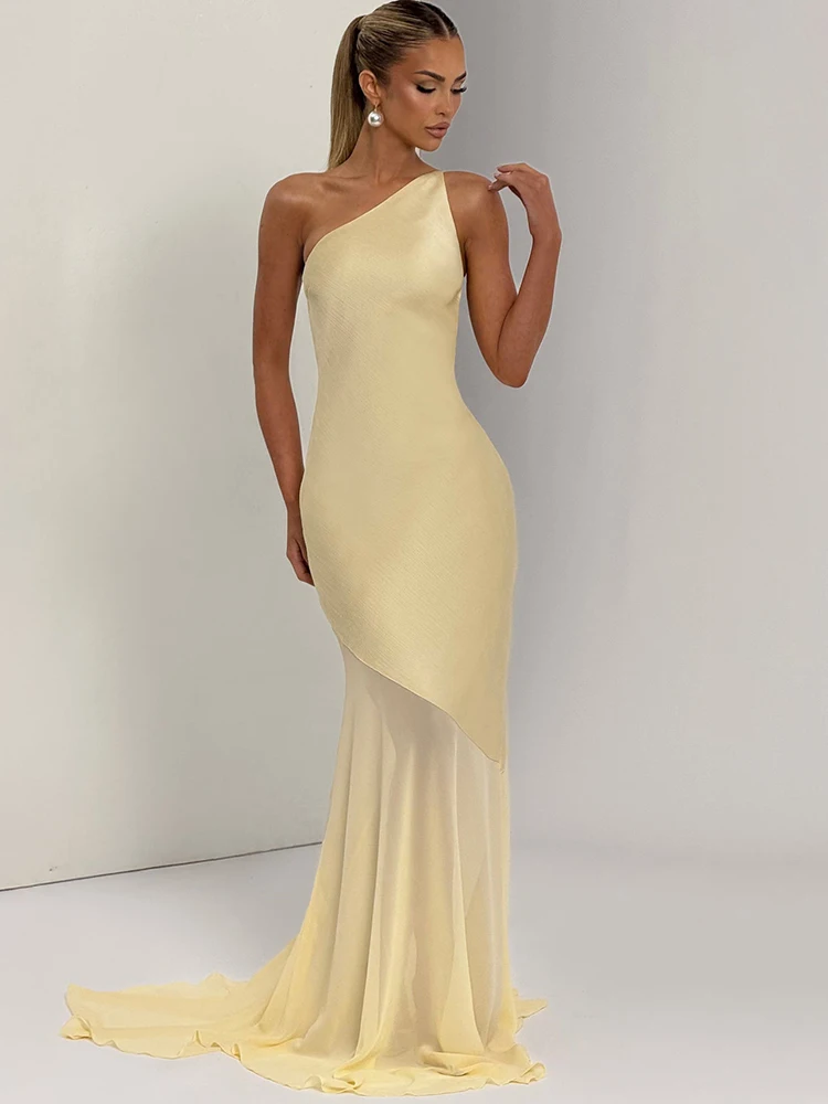 

Oniflyme Patchwork One Shoulder Backless Maxi Dress For Women Yellow See Through Sleeveless Lace Up Elegant Party Evening Dress