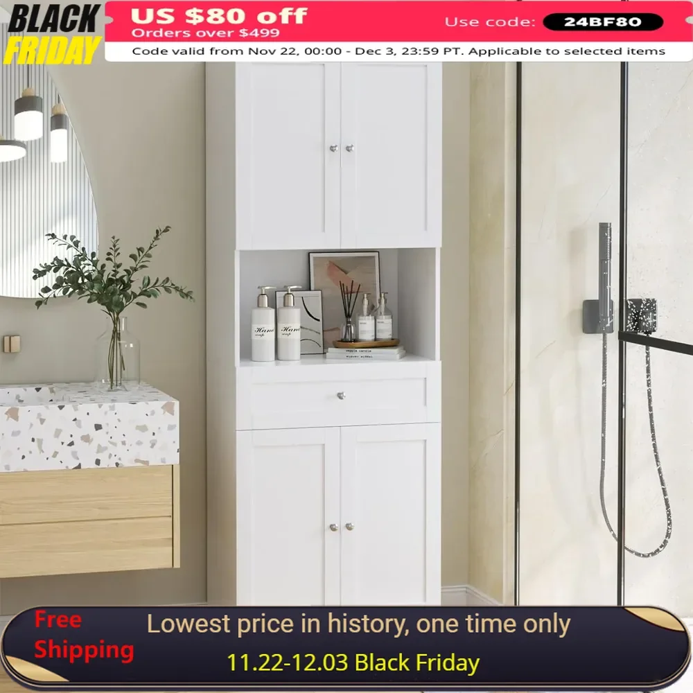 Tall Bathroom Storage Cabinets, Modern Linen Storage Cabinet with 4 Doors & Shelves & Drawer, 67