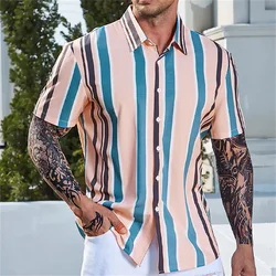 Hawaii Shirts For Men Summer Casusal Striped Print Shirt Short Sleeve Oversized Street Mens Designer Clothing Camisas De Hombre