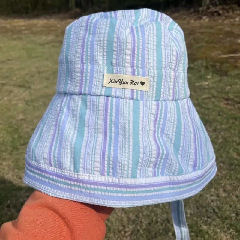 （Summer6）Plaid Wide-edged Lace-up Bucket Hat Summer Outdoor Versatile Sunscreen Sweet Contrasting Color Plaid Women's Caps