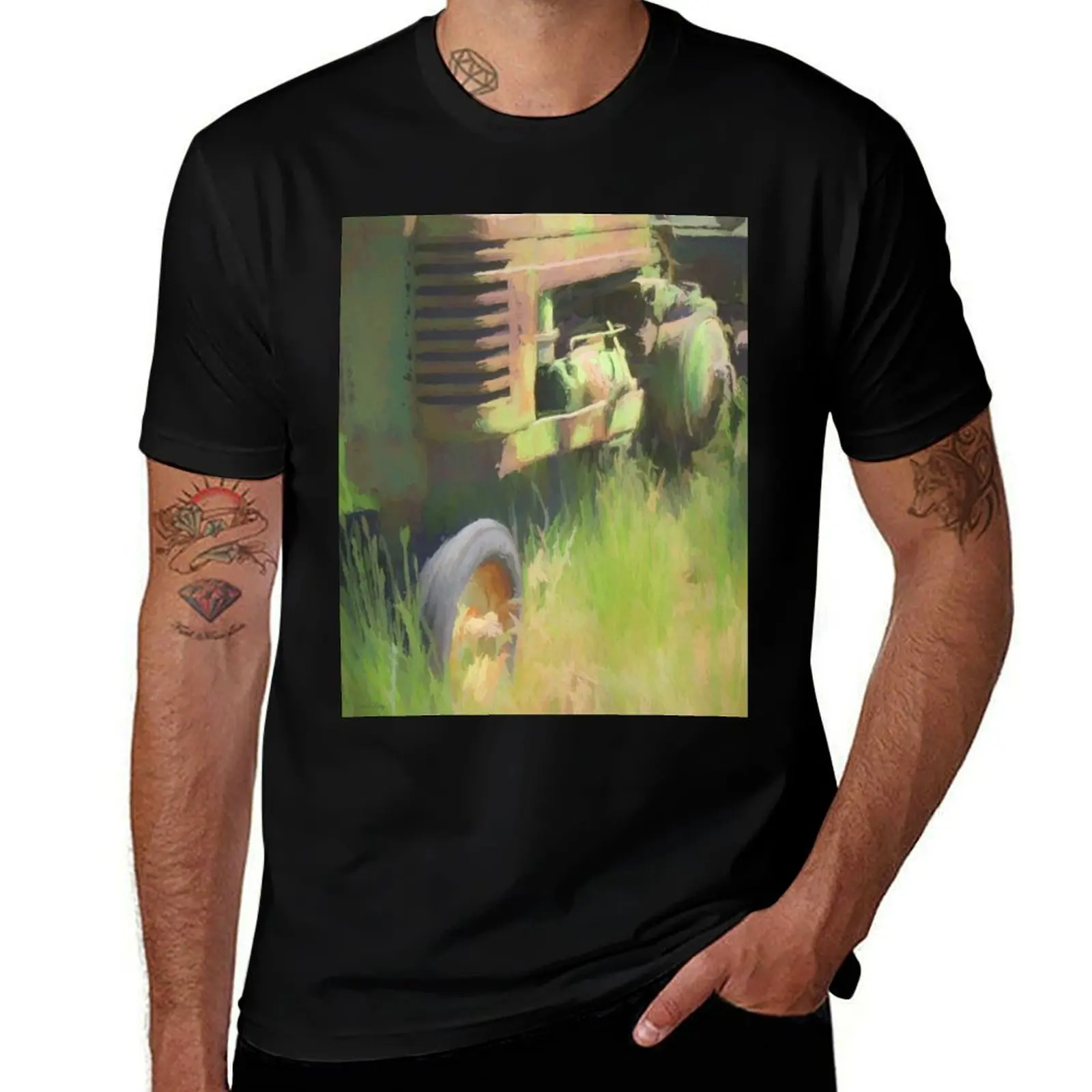 

Green Tractor in the Grass T-Shirt anime shirt Aesthetic clothing plus size clothes vintage anime shirt black t-shirts for men