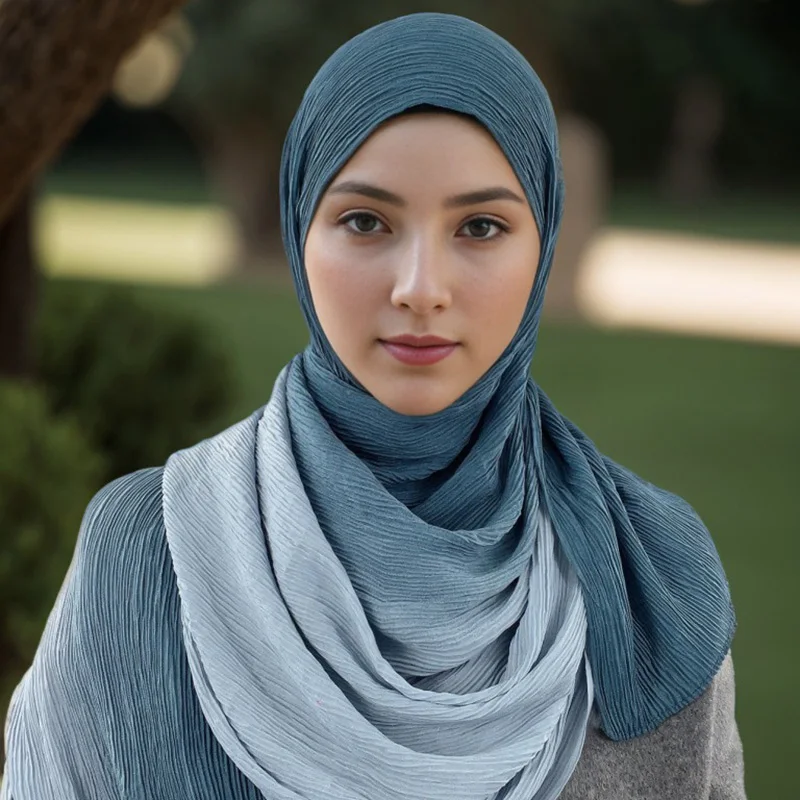 Foulard Hijab Dégradé pour Femme Musulmane, Châle Froissé, Extensible, Bande de Sauna, Bandana Rond Doux, Protection Solaire Islamique, Tendance 2024