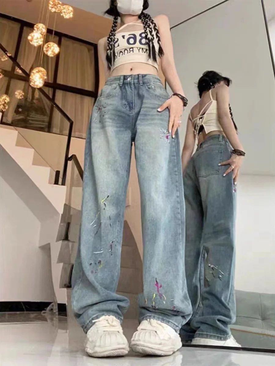 

American Style Embroidered Straight Leg Jeans Women's Spring Autumn Loose High Waist Wide Leg Pants for Pear Shaped Body