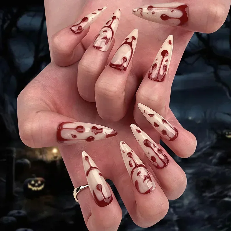 24pcs Halloween Red Blood Droplet Fake Nails Press On Nails Coffin Long False Nails For Women Girls Halloween Party Nail Decor