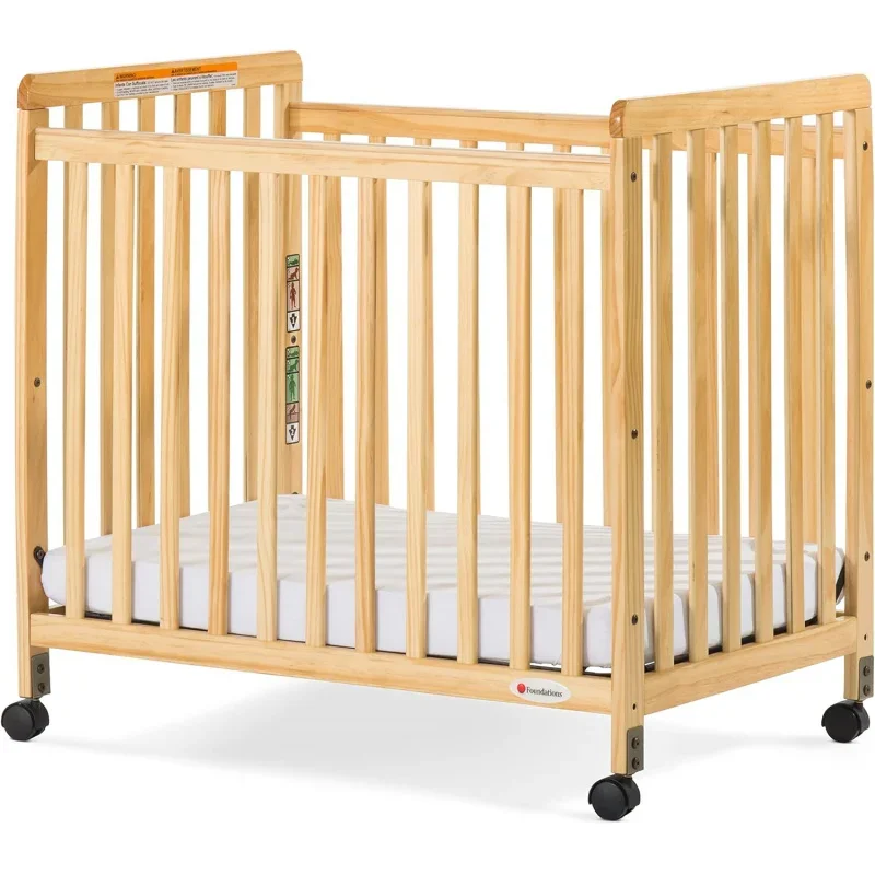 SafetyCraft Compact Slatted Daycare Crib, Durable Wood Construction, Non-Marking Casters (2 Locking), Includes 3” InfaPure Foam