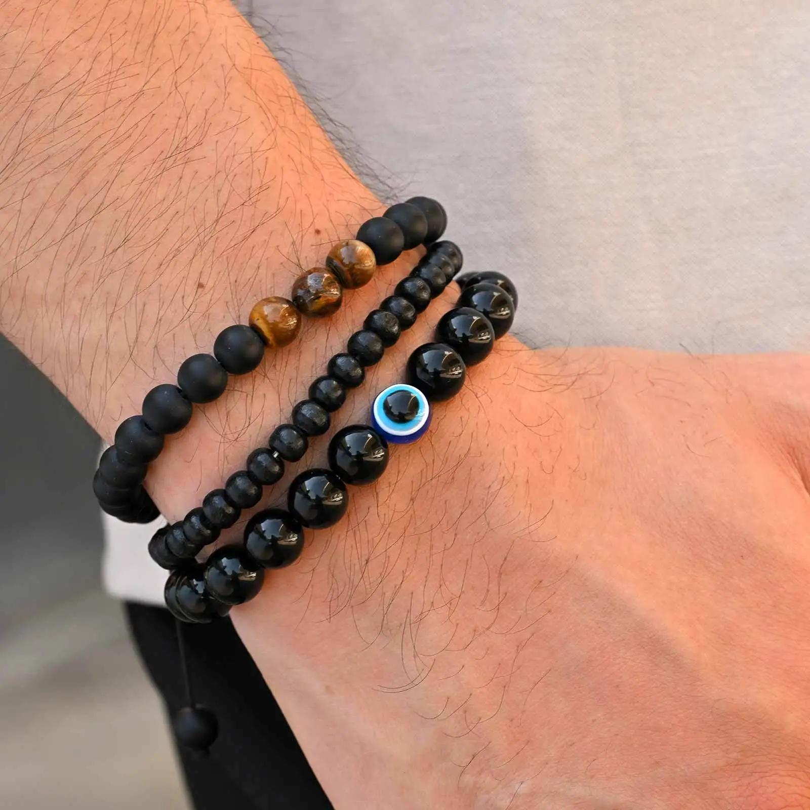 

Vnox Men's Beaded Bracelet, Black Agate Wooden Bead Wristband, Natural Tiger Eye Stone Adjustable Bracelet with Evil Eye Charm