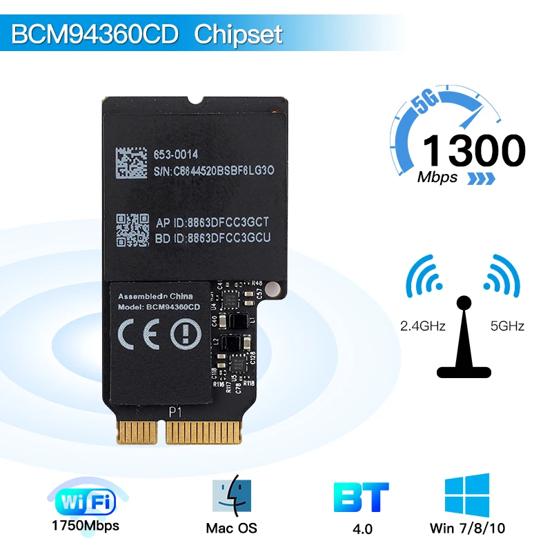 

1750Mbps Dual Band 2.4G/5GHz BCM94360CD 802.11AC Bluetooth-compatible4.0 PCIe Wireless Card for MacOS Airdrop Handoff Hackintosh