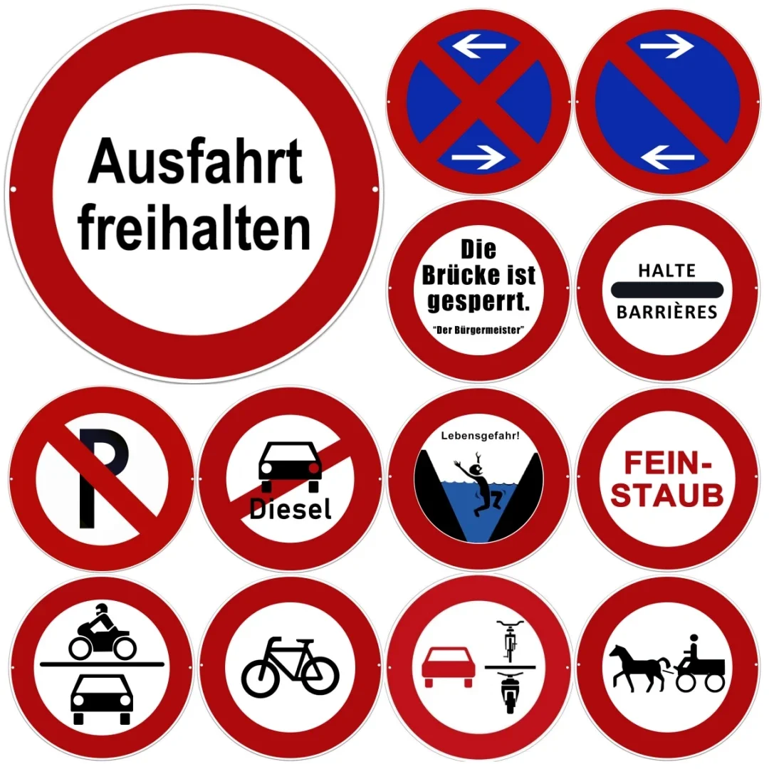 German Traffic & Warning Round Metal Tin Sign Set - 