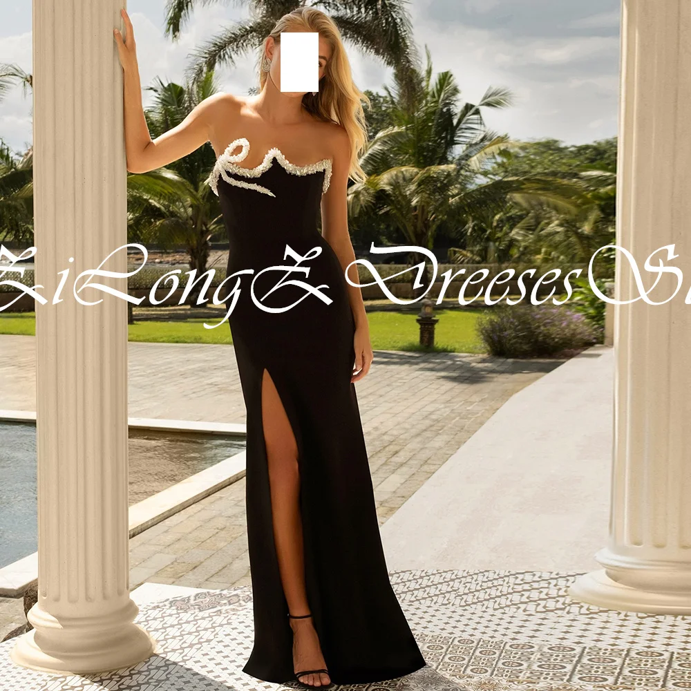 Elegant Luxury Evening Dress 2024 Saudi Arabia Long Beaded Evening Gowns Side Silt Straight Sleeveless Sweep Train Bespoke