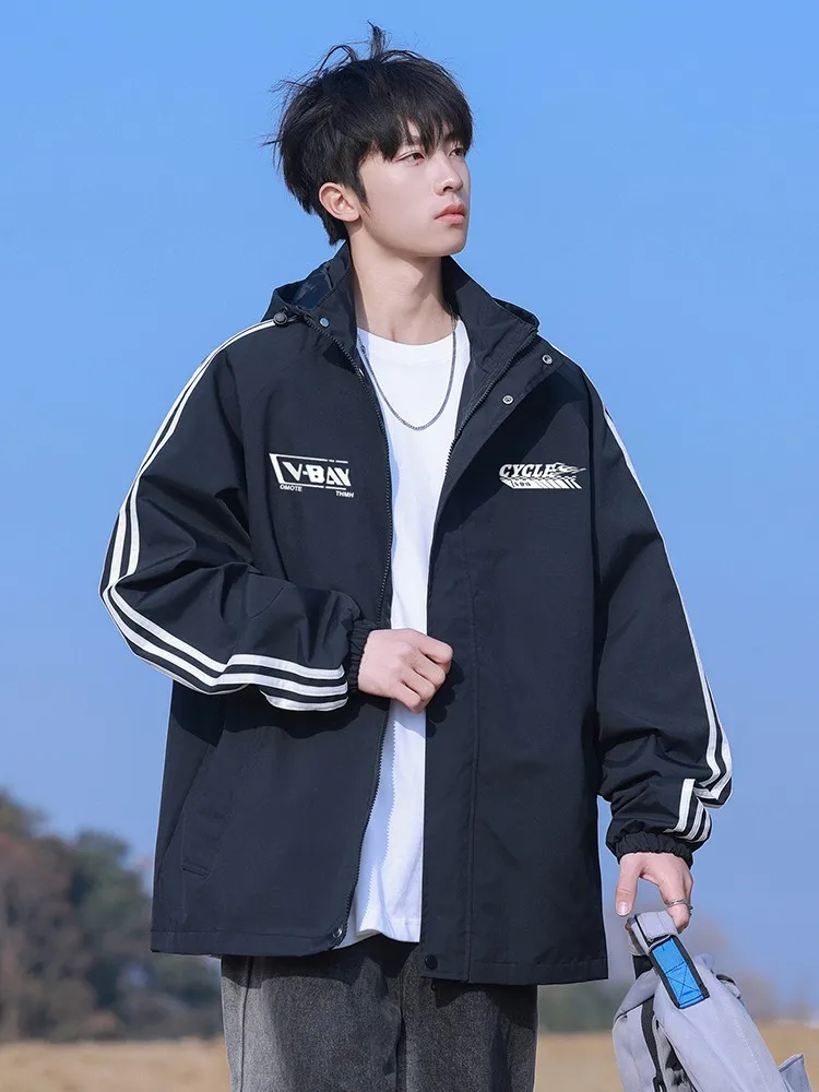 

Teenage Boys Spring Autumn 2024 New Hong Kong Sle Striped Belt oulder Sve Jaet Removable Hood Loose Fit Long Sve