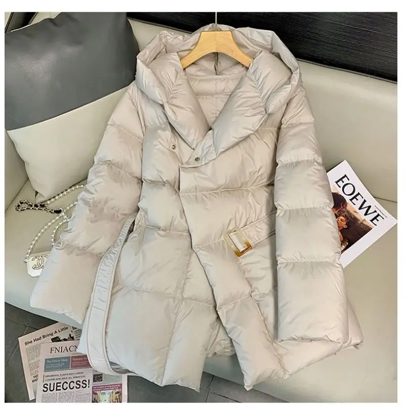 2025 New Design Sense of Mid-length Solid Color All-in-one Waist Slimming Cotton-padded Jacket Brown Hooded Bread Dress Winter