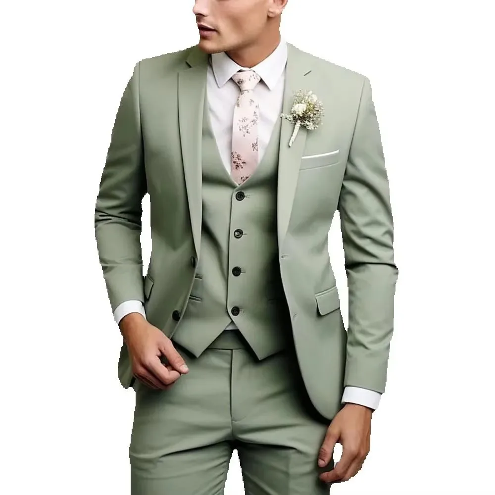 Classic Men's Suits Light Green 3 Pieces Blazer Vest and Pants Set Notched Lapel Full Man Terno Tuxedo Set Wedding Dresses Party
