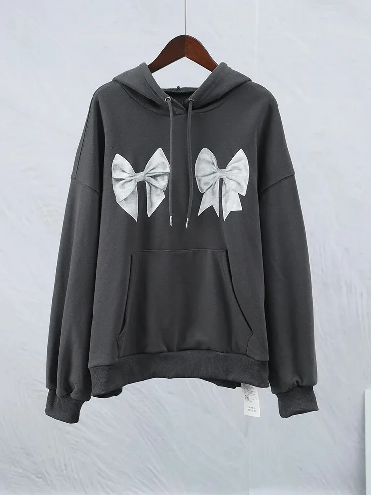 Fashion Harajuku Bow Print Loose Hoodies Autumn Casual Full Sleeve Hooded Sweatshirt Women Oversized Pullovers Highstreet Style