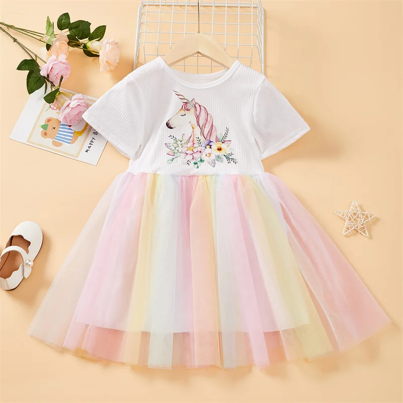 Neues Mädchen-Prinzessinnenkleid, 1-teilig, Farbblock-Einhorn-Kleid, kurzärmelig, täglich, lässig, Geburtstagsparty-Kleid