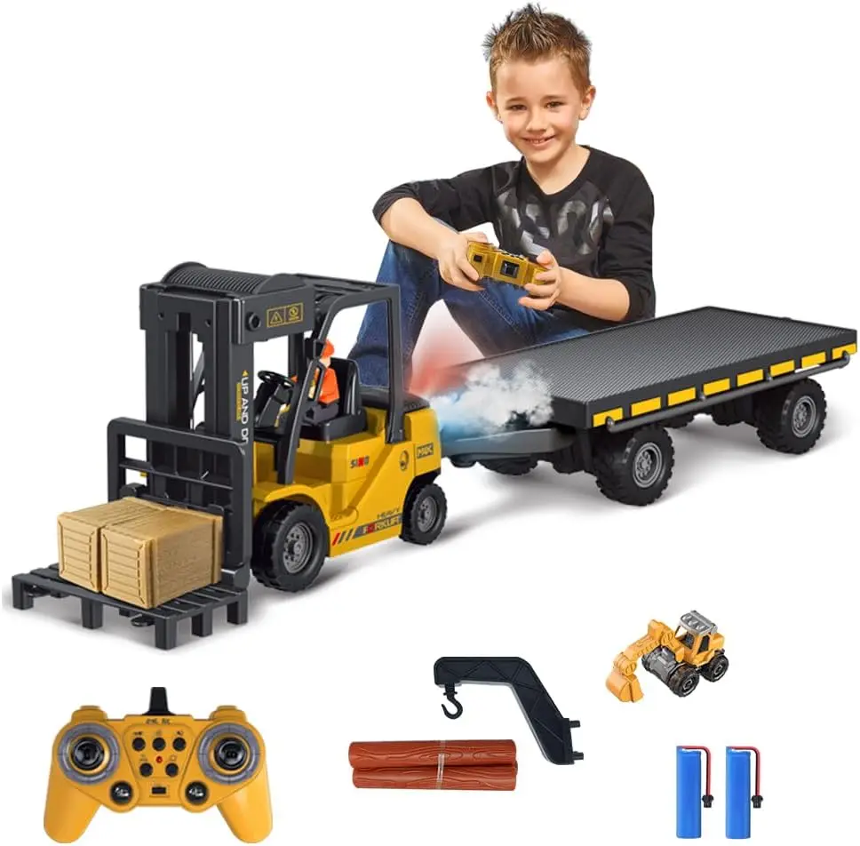 

11 Channel RC Forklift with Flatbed Truck, Spray, Lights & Sound, 2-in-1 Lift and Hook Toy for Boys Age 3+
