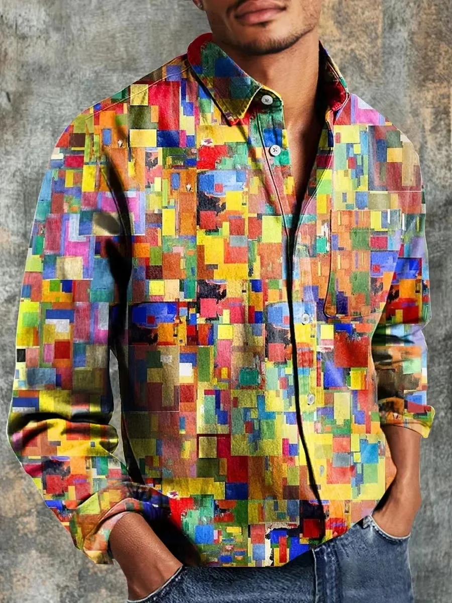 Men's Fashion Casual Fashion Patchwork Design Linen Shirt Floral 3D Printed New Style Comfortable Fit Long Sleeve Casual Shirt - view 2