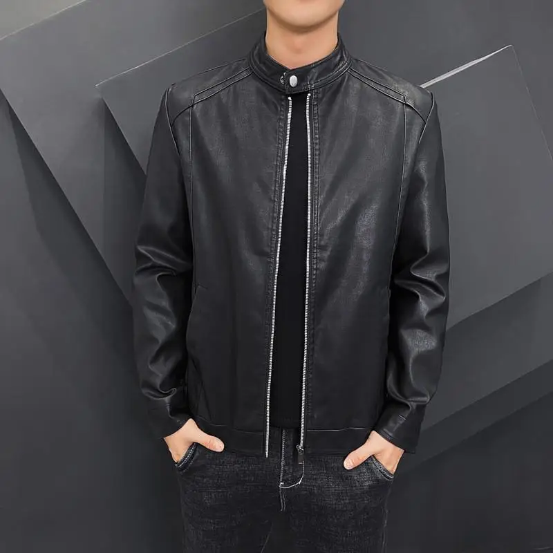 

Casual Slim Fit Men's PU Leather Jaet Stand Collar Biker Sle Outerwear Comfortable Warm Durable ort Length Spring Autumn