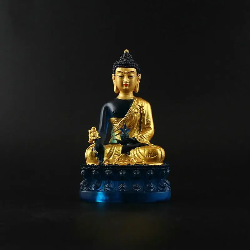 Tibetan Buddhism Hand Painting Resin Gilt Statue Medicine Buddha