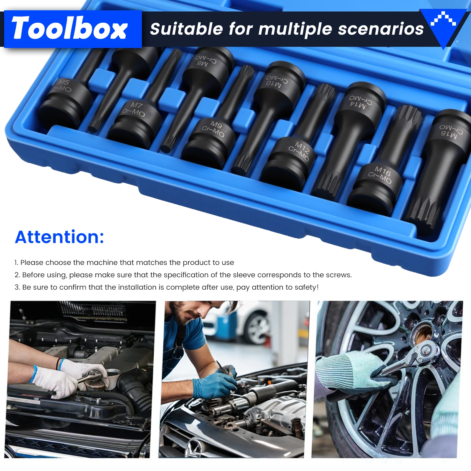 Degreat Set di 10 bussole a impatto esagonali con attacco a M, M5-M18, punte per bussole a impatto Torx, set di bussole adattabili, punte per cacciavite