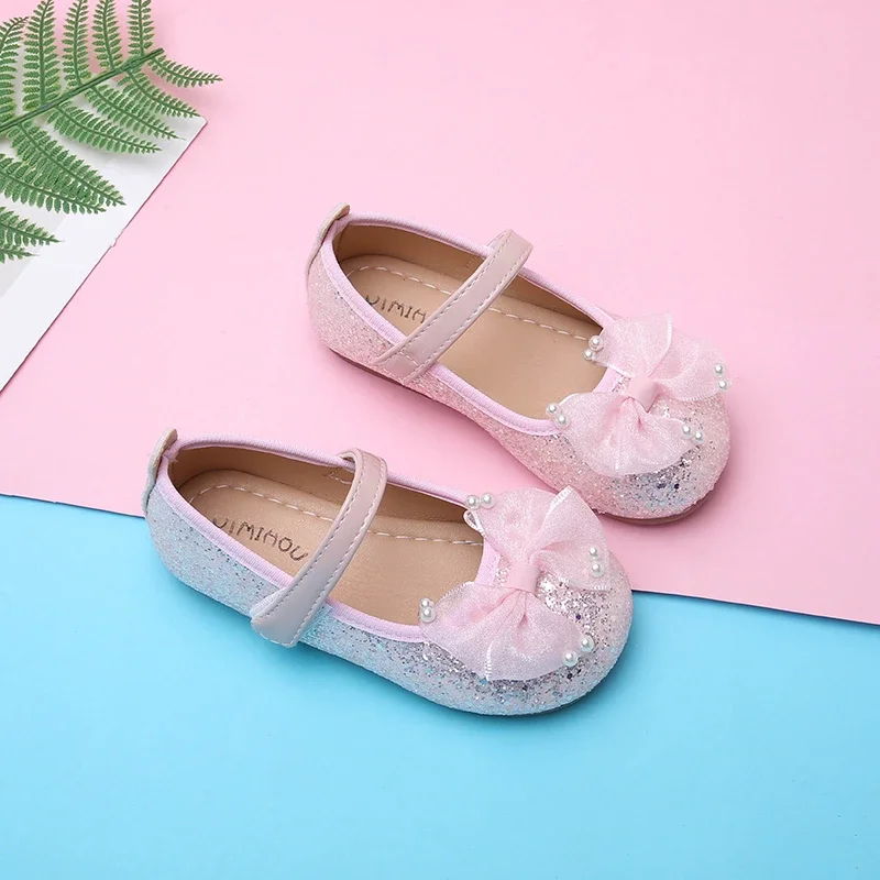 Toddler Girls Glitter Mary Jane Flats Sparkly Sequin Tulle Bow Pearl Single Strap Summer Wedding Birthday Party Dress Shoes