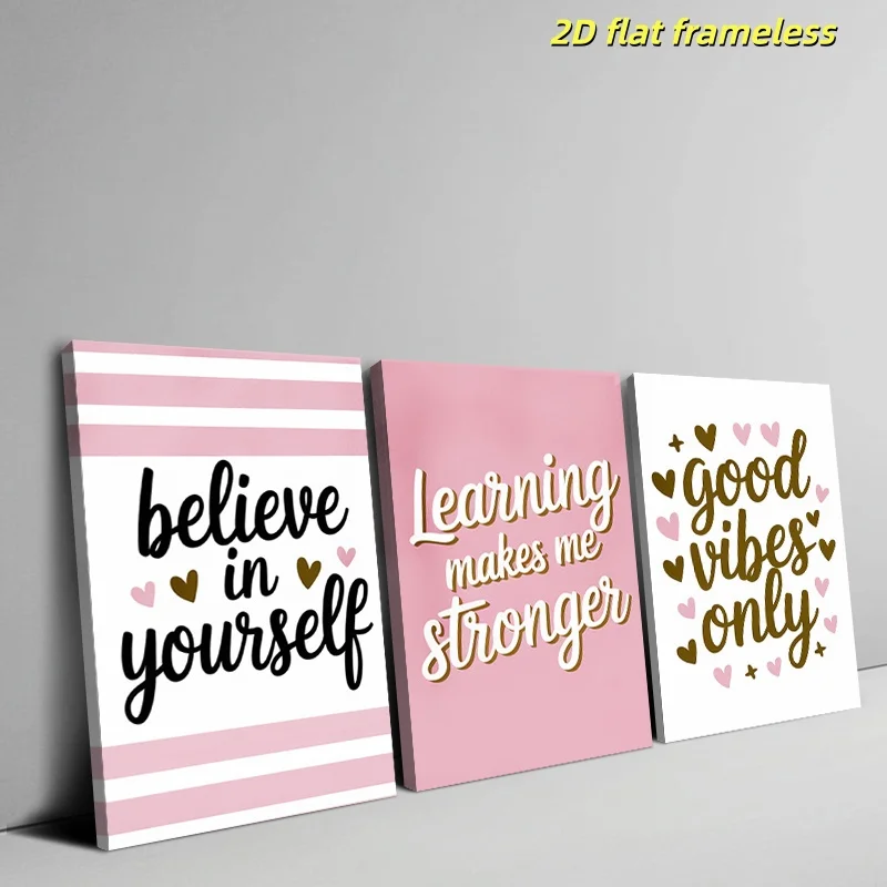 Three canvas posters with a unified theme of diversity and faith, featuring modern bedroom, living room, bathroom, and office ae