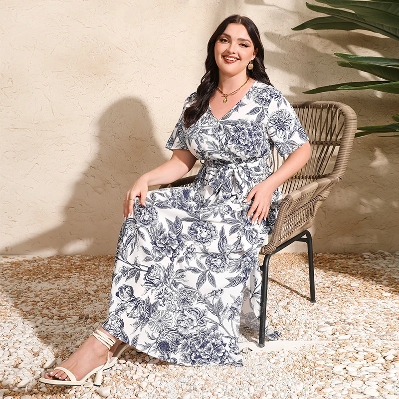 

Bohemian Kaftan Women Short Sleeve Print Maxi Dress Eid Ramadan Evening Party Gown Dubai Abaya Plus Size Holiday Beach Sundress