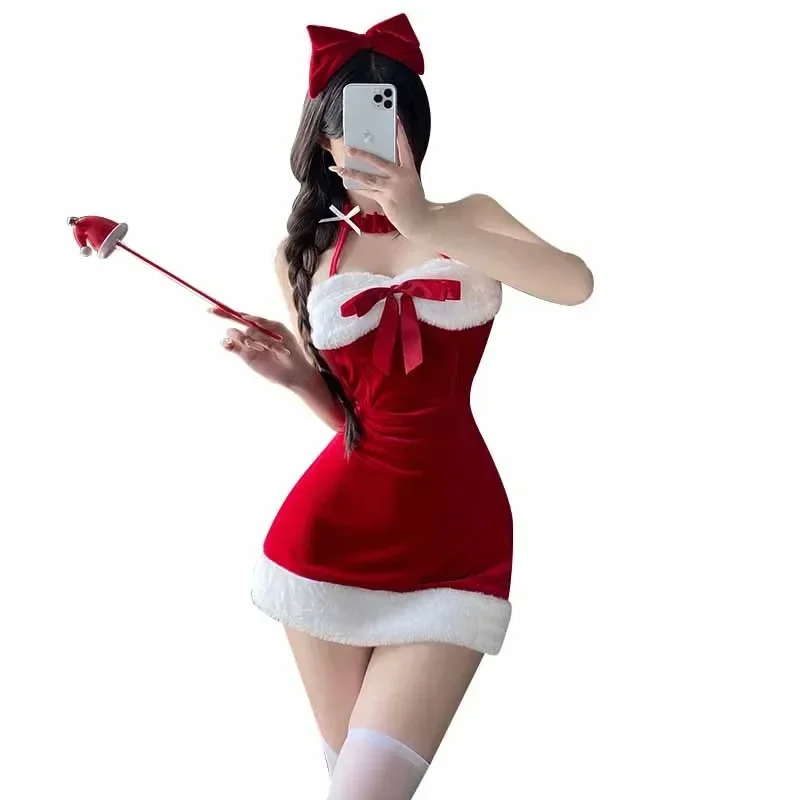 女性のための赤いベルベットのクリスマスドレス,サンタクロースの衣装,コスプレ衣装,セクシーなネグリジェ,ロールプレイランジェリー,服,ユニフォーム