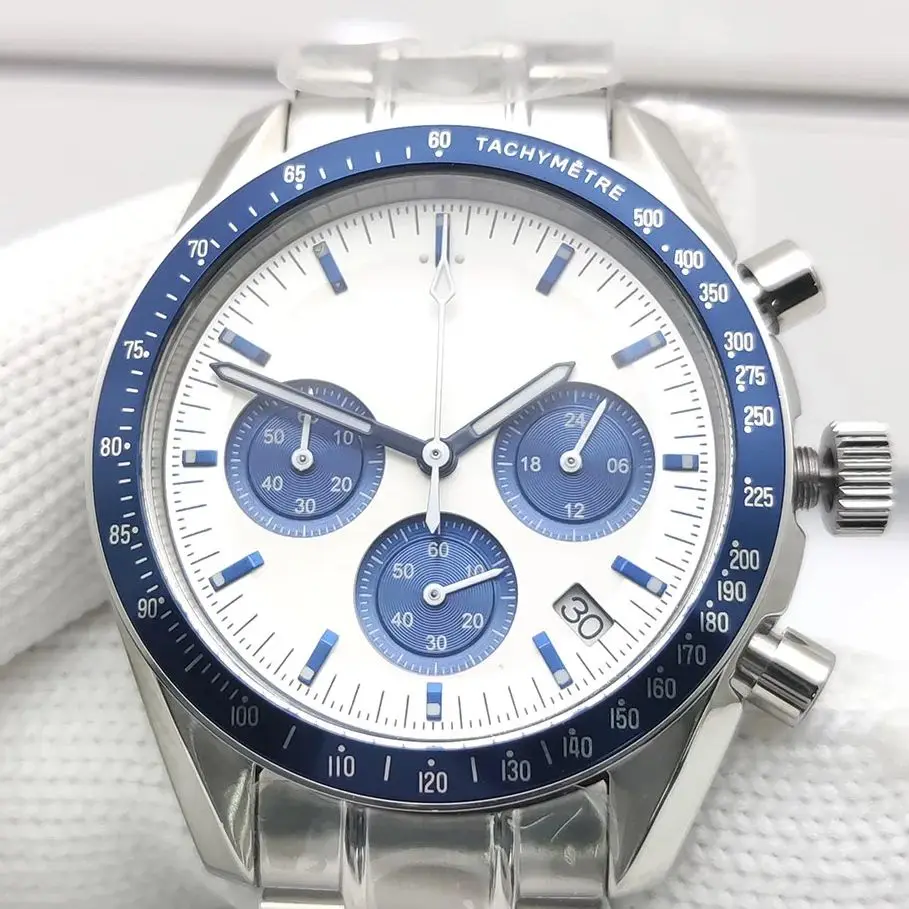 Automático Sport 40mm Cronógrafo Multifunción Cuarzo Reloj Hombres VK63 Calibre Panda Dial Acero inoxidable Correa Montre homme
