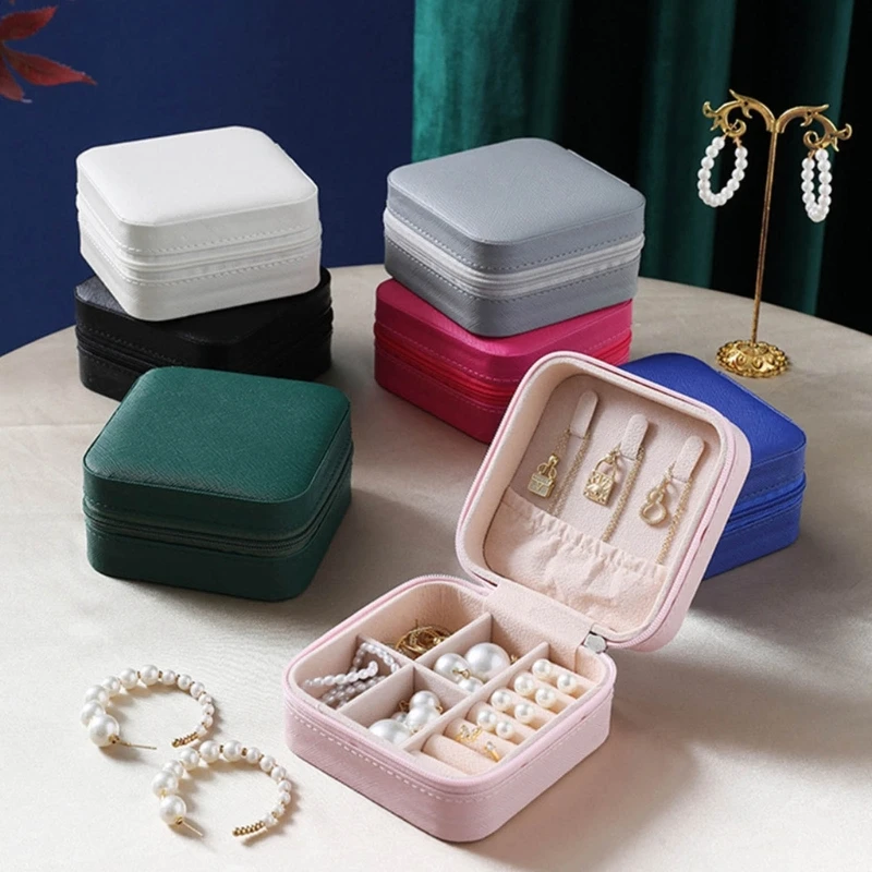 

Portable Single Layer Storage Box Small Travel Leathers Jewelry Box Zipper Holder for Rings Earrings Necklaces Storage Display