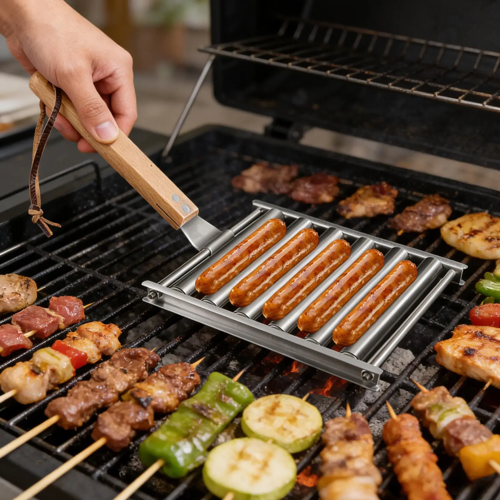 Sausage Roller BBQ Grill Rack Stainless Steel Hotdog Roller Grill Brackets Portable Non-Stick Barbecue Tool for Camping Picnic