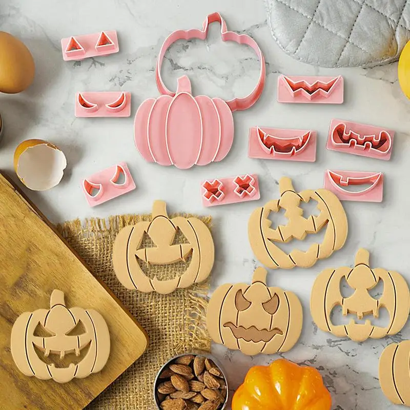 10Pcs DIY Pumpkin Face Halloween Cookie Cutter Set Pumpkin Cartoon Pressable Biscuit Mold Cookie Stamp Baking Pastry Tools