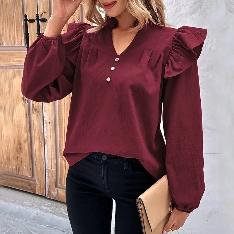 Spring And Autumn New V-neck Elegant Women's Shirt Lantern Sleeve Wood Ear Long Sleeve Shirt Office Powder Blusher Women's Shirt