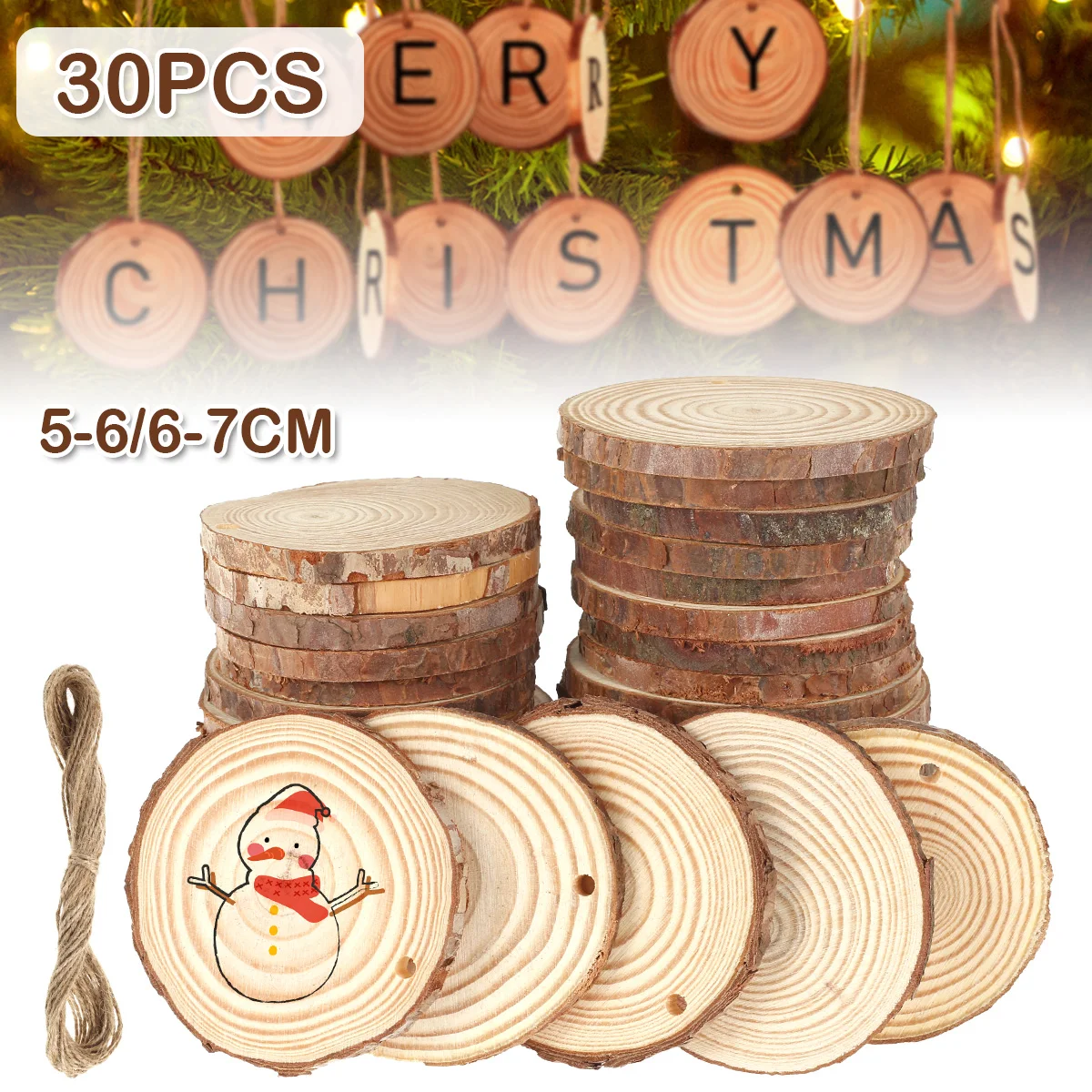 30 Pcs Natural Wood Slices Pre Drilled Wood Slices Unfinished Round Wood Slices With Rope Natural Wood Slices For DIY Crafts