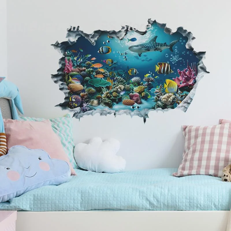 【S】3D Wall Stickers Shark Broken Wall Aquarium Ocean Wall Stickers Ideal Home Bathroom Home Kitchen & Daily Dining & Eating
