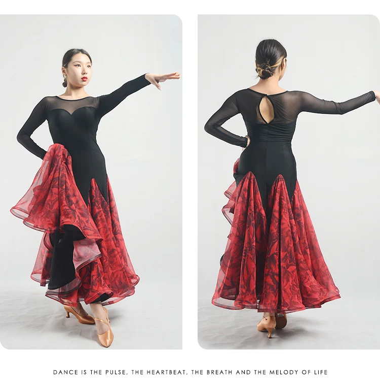 Modern dance ballroom dance Dress round collar big hem flowers printed chiffon slim fit fishbone hem large swing dress W22031