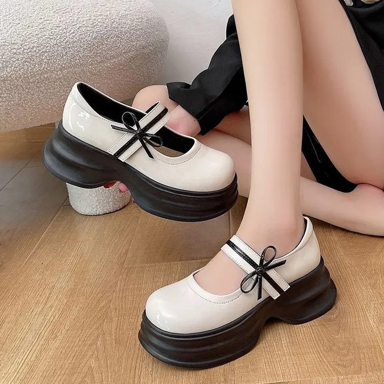 Sweet Lovely Bowtie Lolita Shoes Women Patent Leather Mary Janes Student Non-Slip Thick Bottom Round Toe JK Uniform Shoes