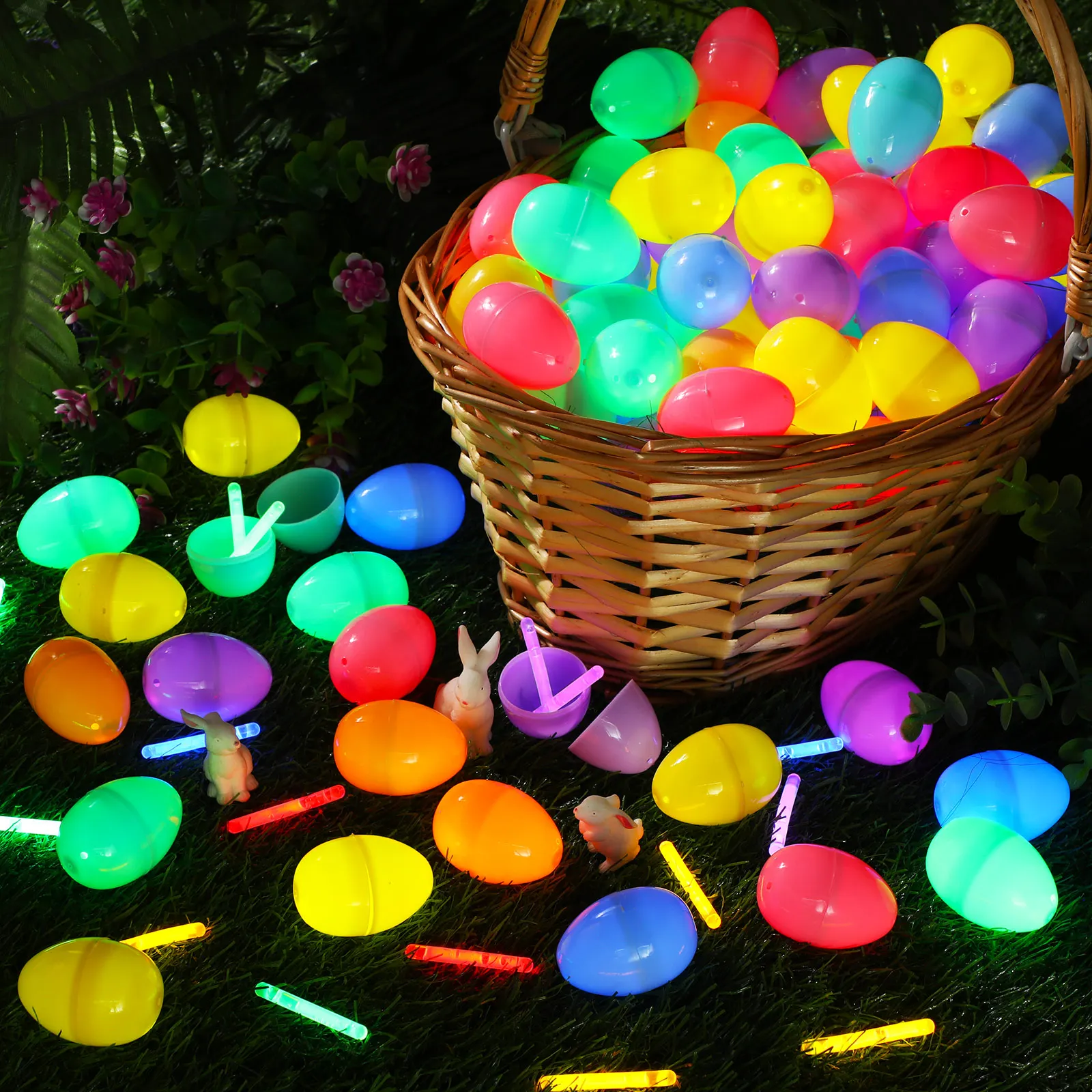 100-300Set Easter Eggs with Mini Glow Sticks for Kids Glow-in-The-Dark Basket Stuffers Fillers Gift Easter Eggs Hunt Game Party