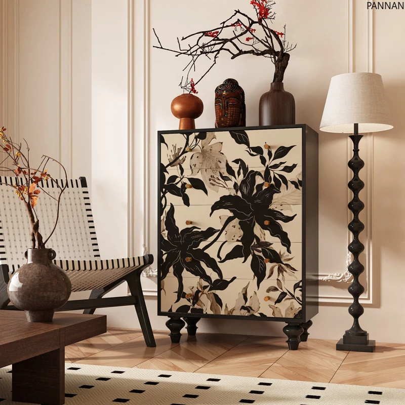 

Retro solid wood chest of drawers, living room entrance, wall storage aisle flower painted decorative cabinet