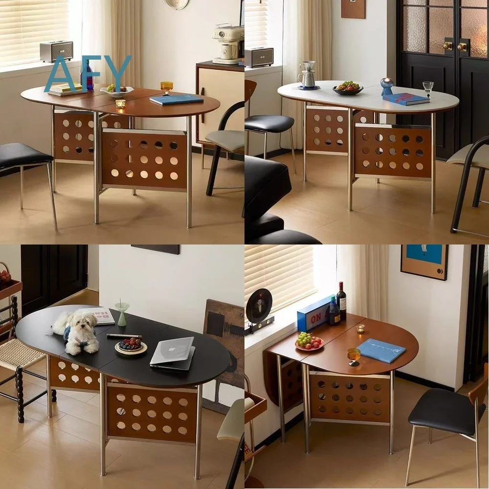 Foldable Rock Slab Dining Table and Chair Set Oval Nordic Rustic Style for Small Apartment Home Use Solid Wood Furniture for