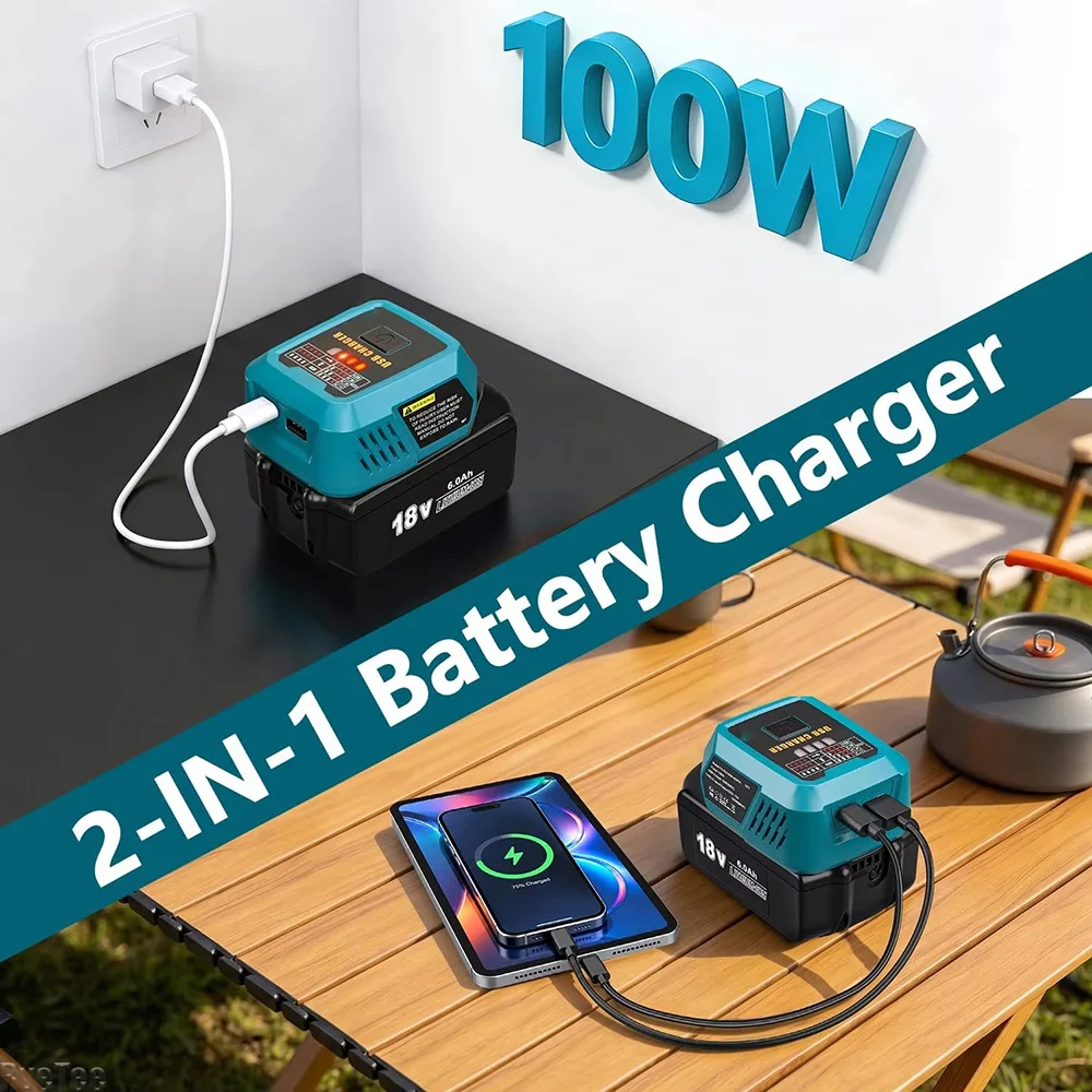 100W Battery Converter Hub, Dual USB‑A USB‑C Output, Compatible with 18V Milwaukee Makita Dewalt Bosch Tool Batteries 3