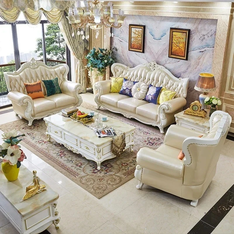 

Sofa Living Room Combination Solid Wood Leather Simple Small