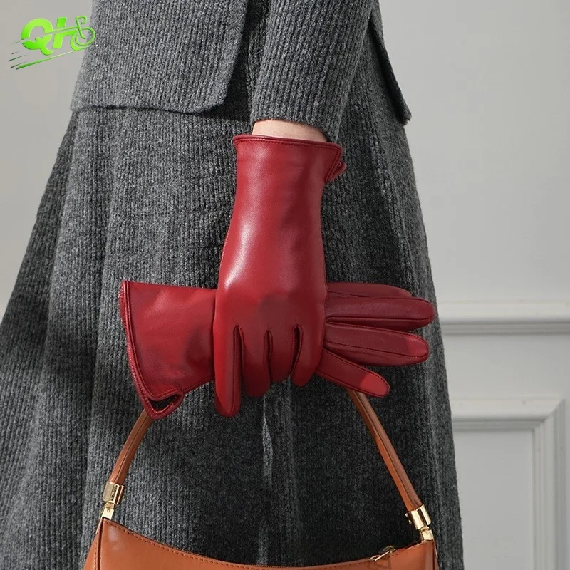

Winter Women Colorful 100% Leather Gloves Motorcycle Driving Fleece Warm Classic Light Luxury Lady Evening Party Fashion Lures