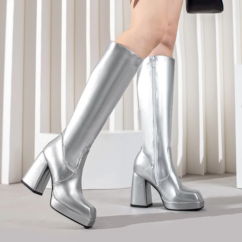 Silver Gold Knee High Boots Women 2022 Four Seasons 10cm Chunky Heels Shoes Square Toes Long Booties Big Size 48 Botas Mujer