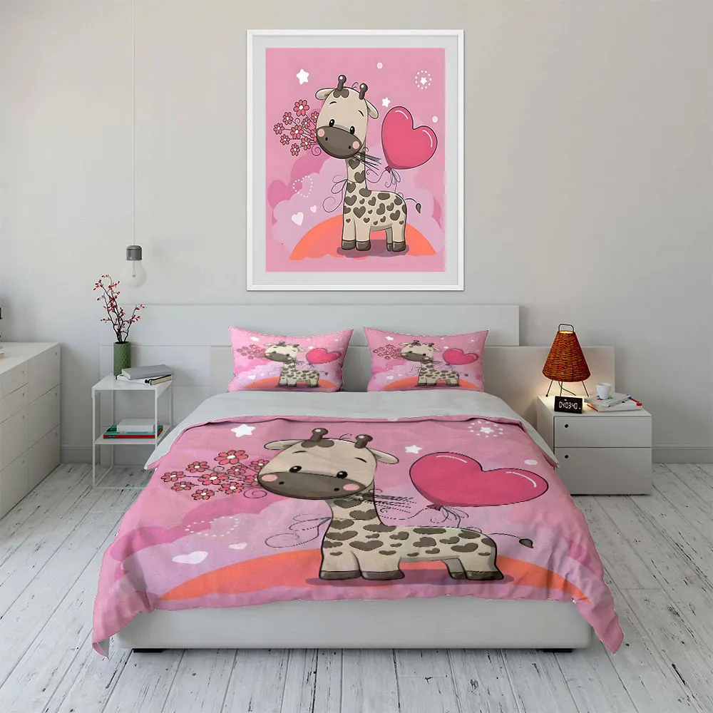 Cute giraffe with heart balloon Pattern Duvet Cover Set Digital Print Colorful Polyester Bedding with Zipper Closur for gifts