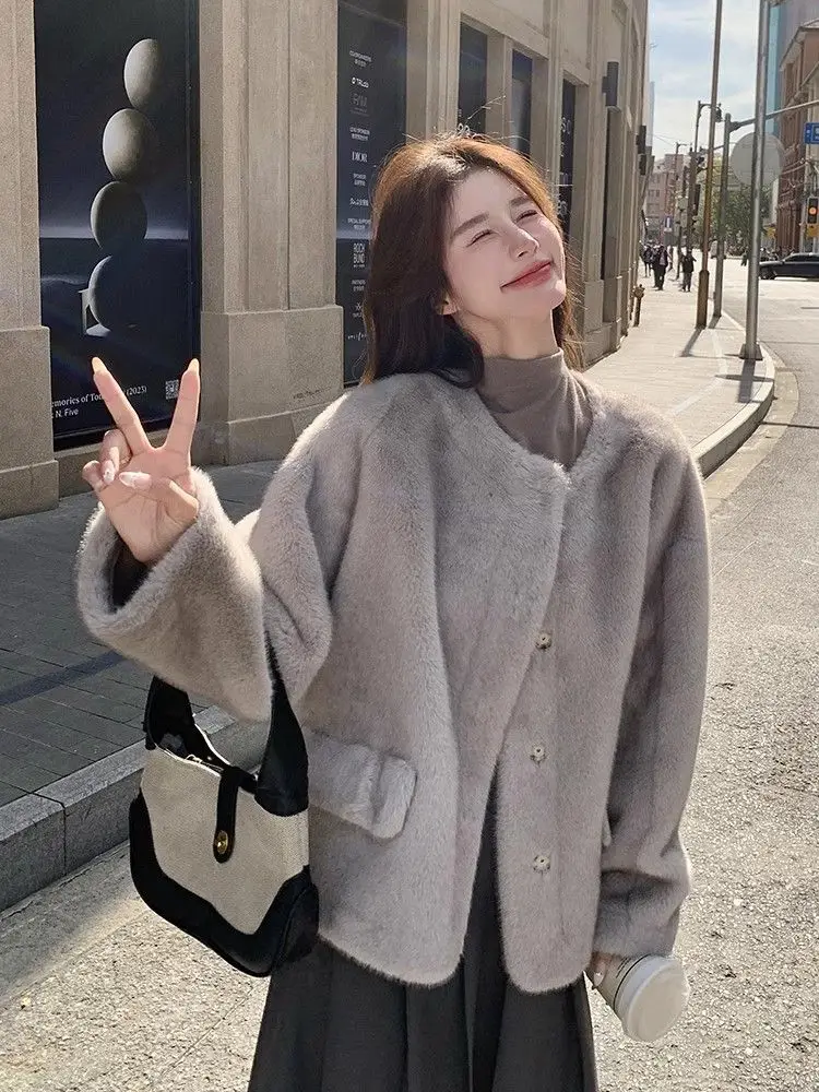 Abrigo de piel de visón de imitación de Color sólido elegante mujer 2025 abrigo de piel de cordero de imitación de invierno Corea