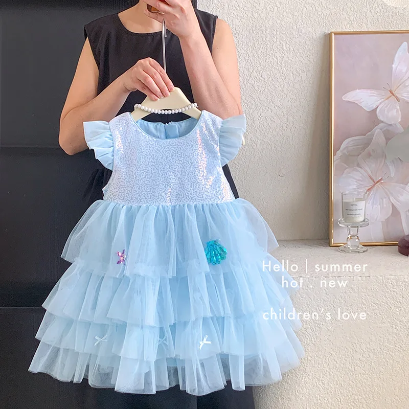 Girl's sequined mermaid princess chiffon dress summer outfit new baby girl sweet little fly sleeve dress cake skirt