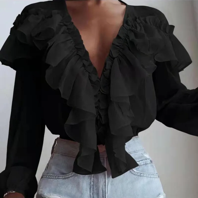 2024 Spring Autumn Elegant Ruffles Women Shirts Top Casual V Neck Long Sleeve Loose Female Solid Chiffon Blouses For Women Blusa