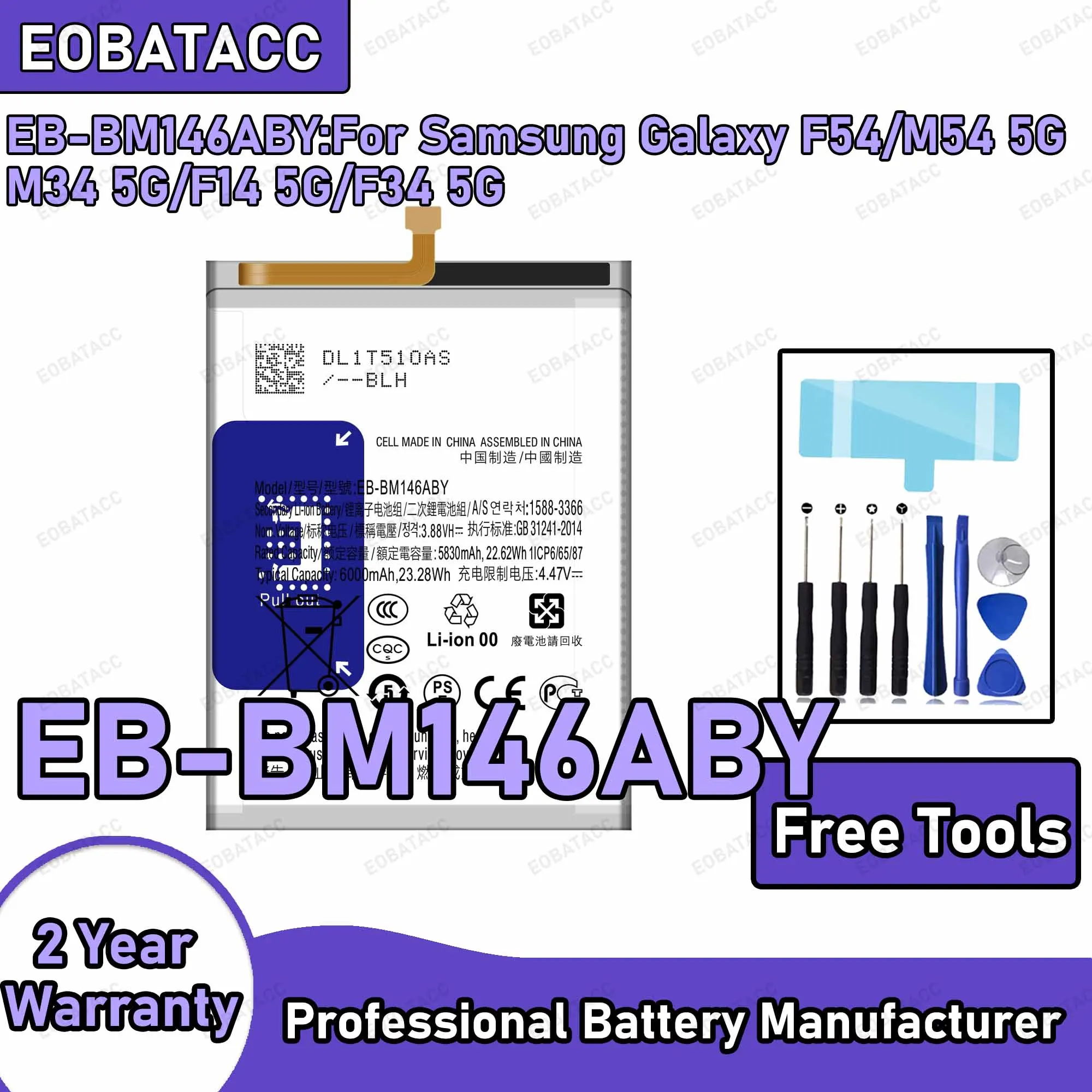 6000mAh EB-BM146ABY Replacement Battery for Samsung Galaxy F54/M54 5G/F14 5G/F34 5G with Repair Tools Kit