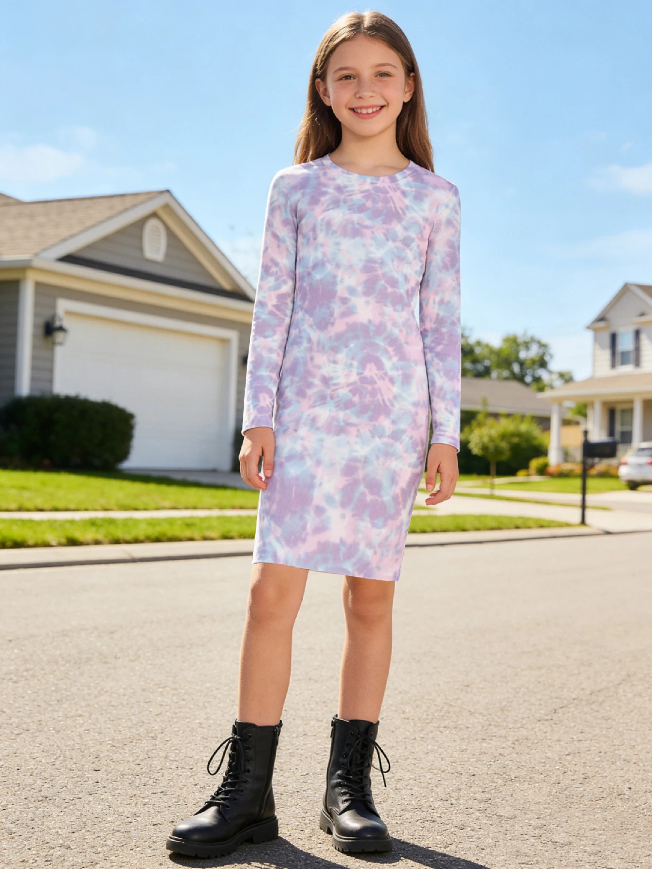 

2026 Girls' Tie-Dye Printed Slim Long-Sleeve Dress, Children's Casual Fashion Dress