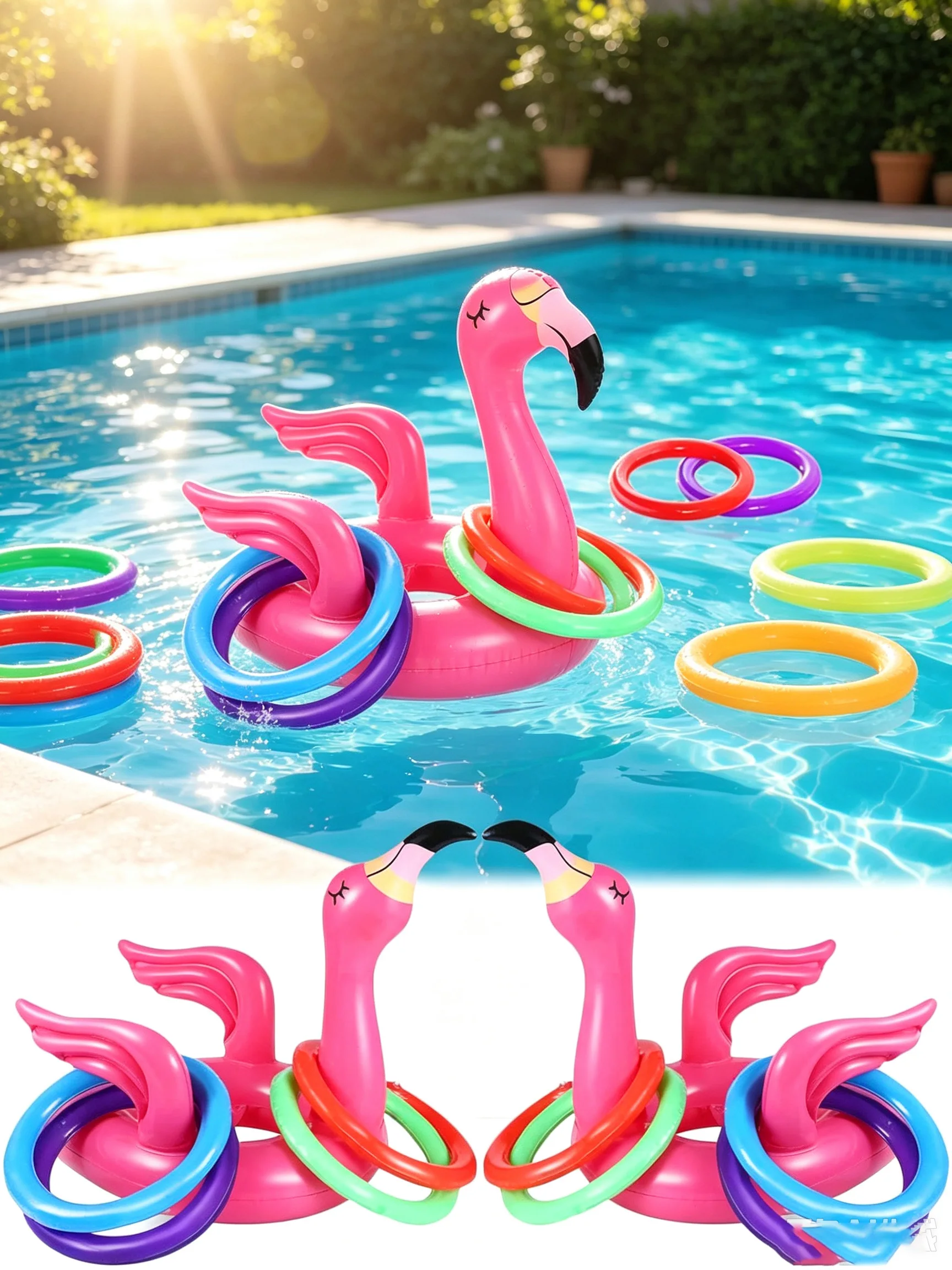 1/2 paquete de aros inflables con forma de flamenco para juegos en la piscina, decoración para fiestas con temática hawaiana, juguetes para la playa, artículos para fiestas de carnaval al aire libre.